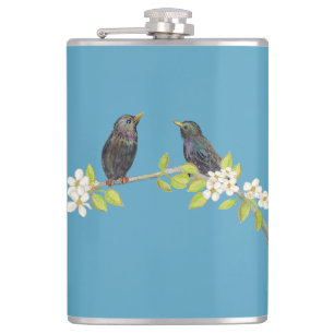 Two Starlings on a Blossoming Branch in Spring Hip Flask
