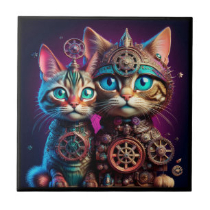 Two Steampunk Kittens Pose Ceramic Tile