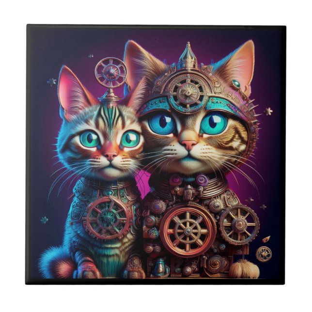 Two Steampunk Kittens Pose Ceramic Tile (Front)