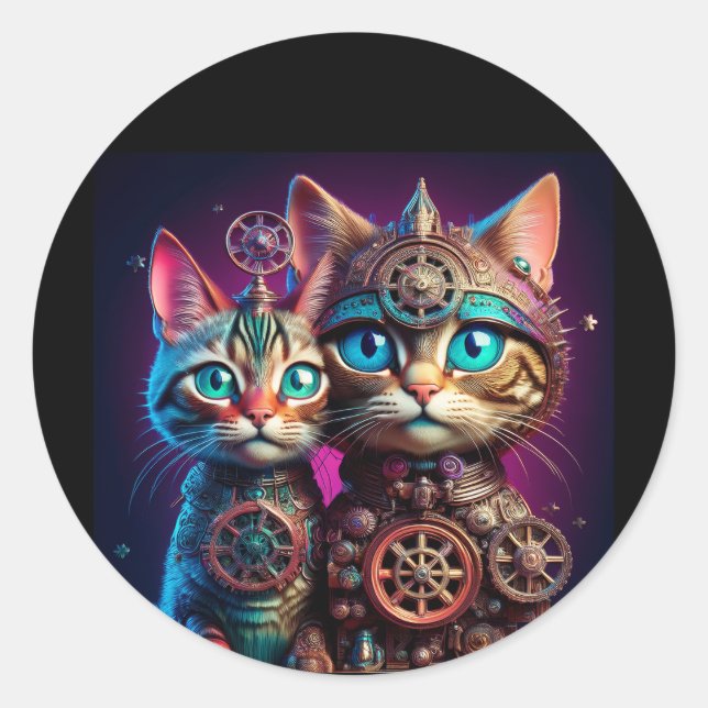 Two Steampunk Kittens Pose Classic Round Sticker (Front)