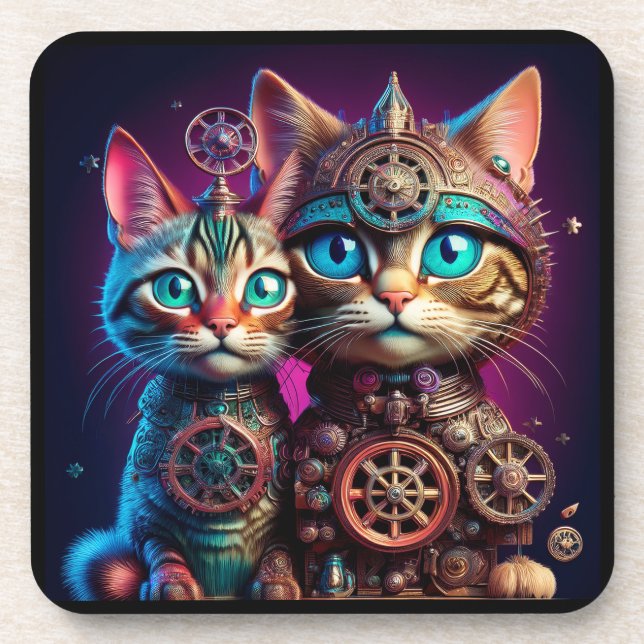 Two Steampunk Kittens Pose Coaster (Front)