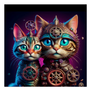Two Steampunk Kittens Pose Poster