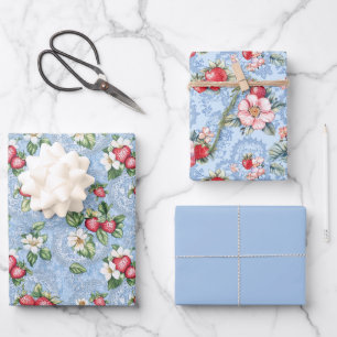 Two Strawberry and One Solid Colour Wrapping Paper Sheet