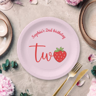 Two Strawberry Birthday Pink Paper Plate