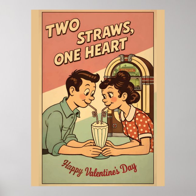 Two Straws One Heart Retro Soda Shop Milkshake Val Poster (Front)