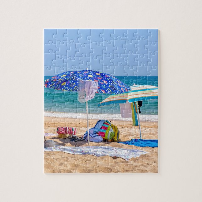 Two sun umbrellas and beach supplies at sea.JPG Jigsaw Puzzle (Vertical)