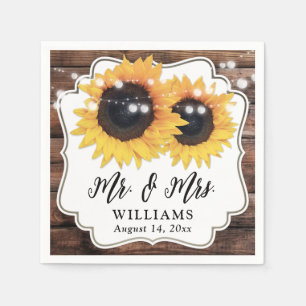 Two Sunflowers String Lights Barn Wood Wedding Napkin