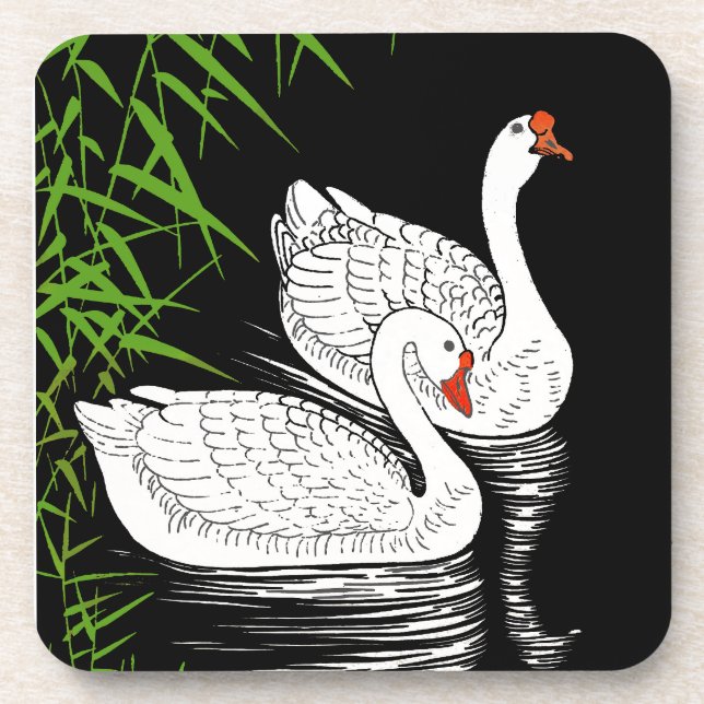 Two Swans on a Pool - White on a Black Background  Coaster (Front)