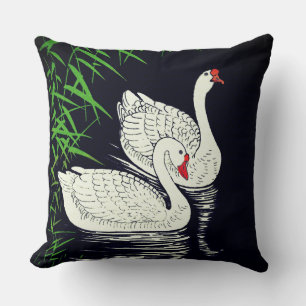 Two Swans on a Pool - White on a Black Background Cushion