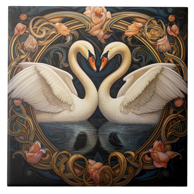 Two Swans On Lake Art Nouveau Inspired Home Decor Ceramic Tile (Front)