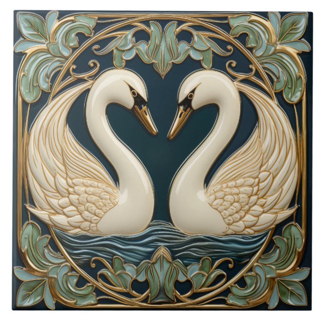 Two Swans On Lake Art Nouveau Inspired Home Decor Ceramic Tile (Front)