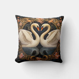Two Swans On Lake Art Nouveau Inspired Home Decor Cushion