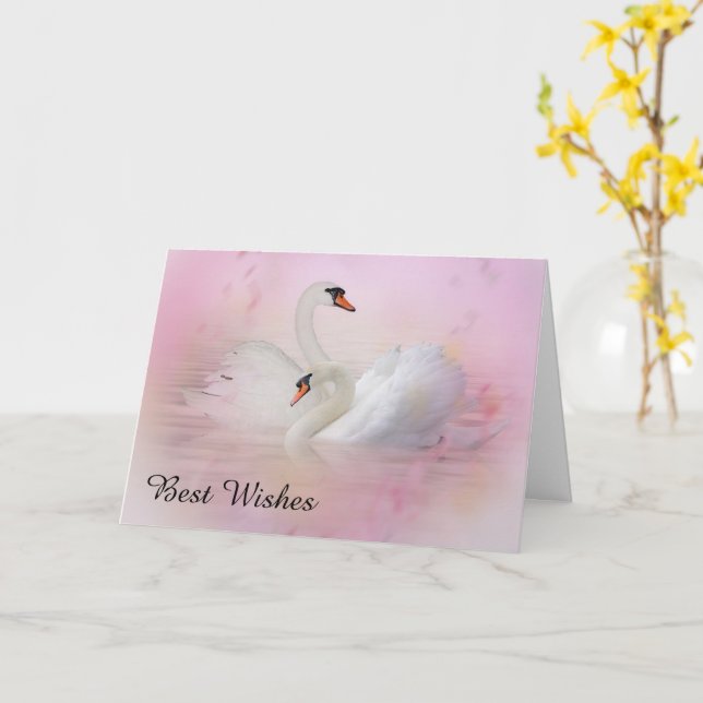 Two Swans on Pink Background Wedding  Card (Yellow Flower)