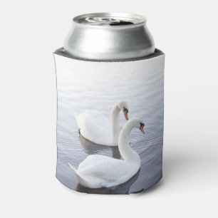 Two Swans Swimming on Tranquil Lake Can Cooler
