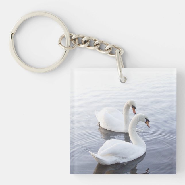 Two Swans Swimming on Tranquil Lake Key Ring (Front)