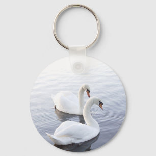 Two Swans Swimming on Tranquil Lake Key Ring