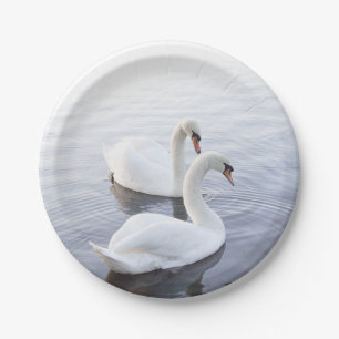 Two Swans Swimming on Tranquil Lake Paper Plate