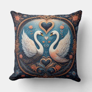 Two Swans with Floral and Ornamental Design Cushion