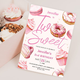 TWO Sweet 2nd Birthday Girls Pink Doughnut Invitation