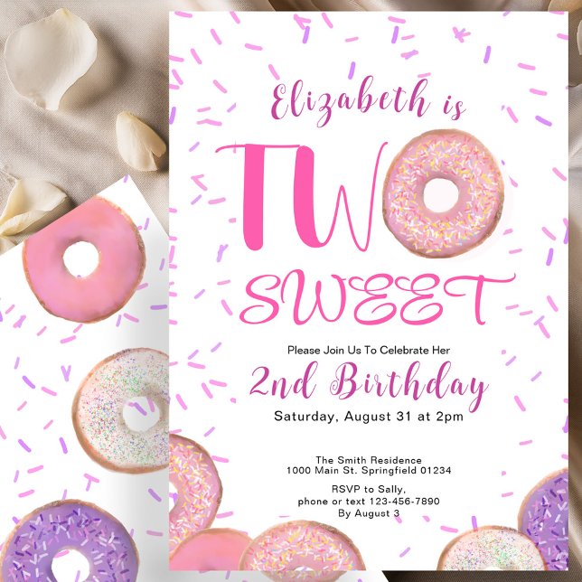 Two Sweet 2nd Birthday Pink Doughnut Invitation (Creator Uploaded)