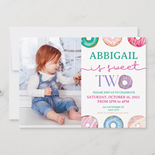 Two Sweet 2nd Doughnut Theme Birthday Party Invitation (Front)