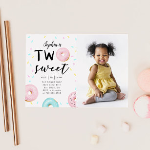 Two Sweet 2nd Doughnut Theme Birthday Party Photo Invitation