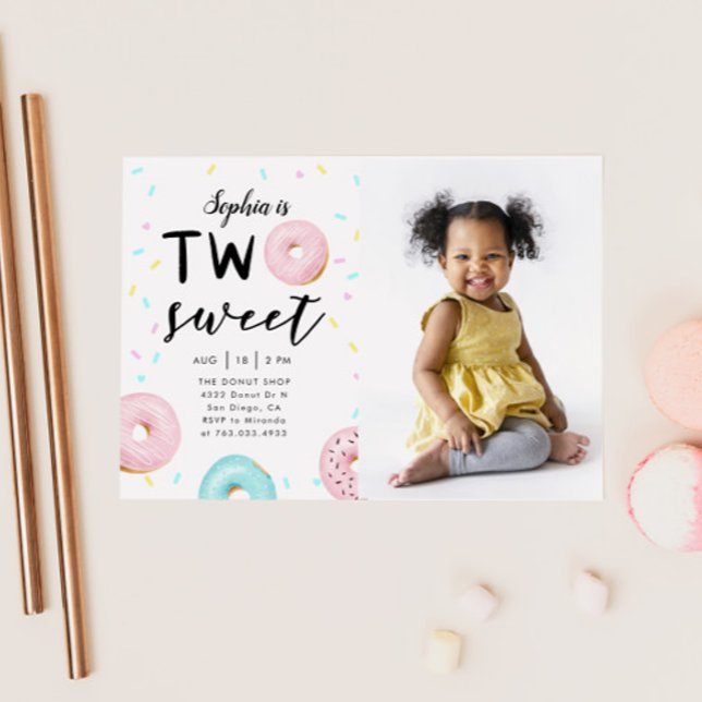 Two Sweet 2nd Doughnut Theme Birthday Party Photo Invitation (Creator Uploaded)