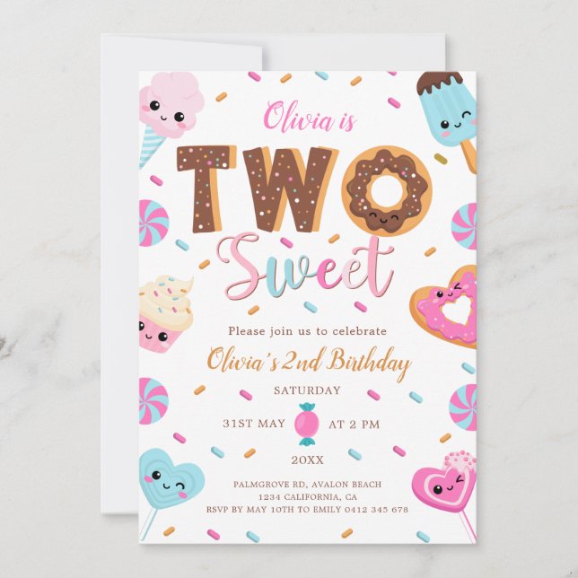 Two Sweet Birthday | 2nd Birthday Girl Doughnut  Invitation (Front)
