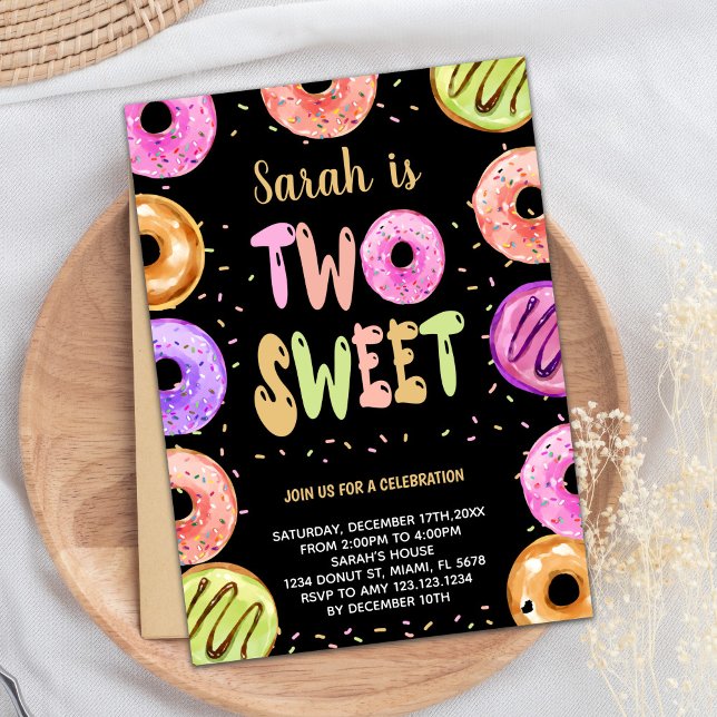 Two Sweet Black Doughnut Birthday Invitations (Two Sweet Black Donut Birthday Invitations)