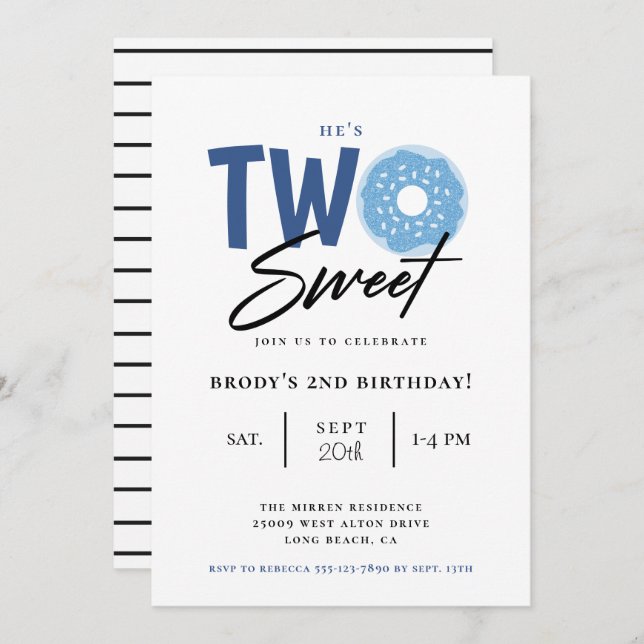 Two Sweet Blue Doughnut 2nd Birthday Party Invitation (Front/Back)