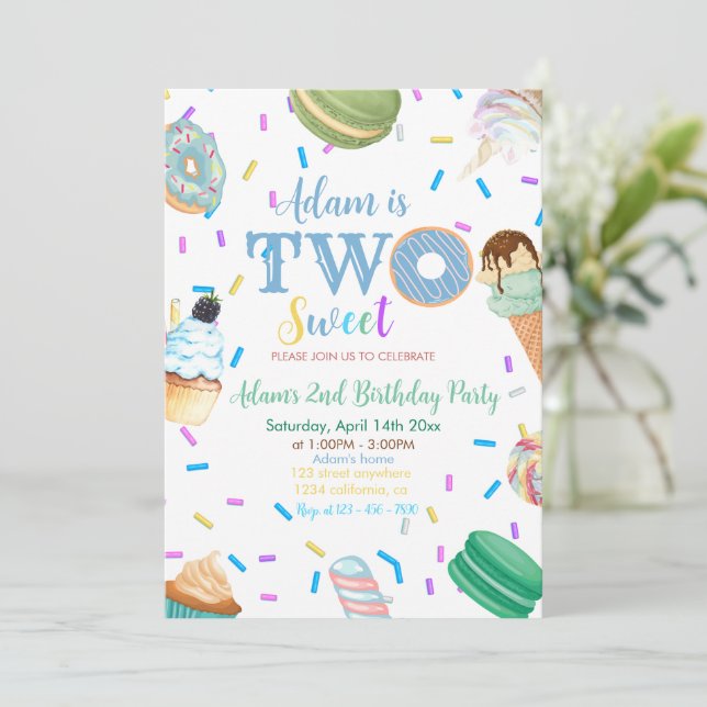 Two Sweet Boy Doughnut Blue Dessert 2nd Birthday  Invitation (Standing Front)