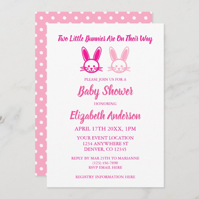 Two Sweet Bunnies Twin Girls Baby Shower Invitation (Front/Back)