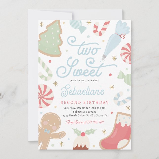 Two Sweet Christmas Cookie 2nd Birthday Party  Invitation (Front)