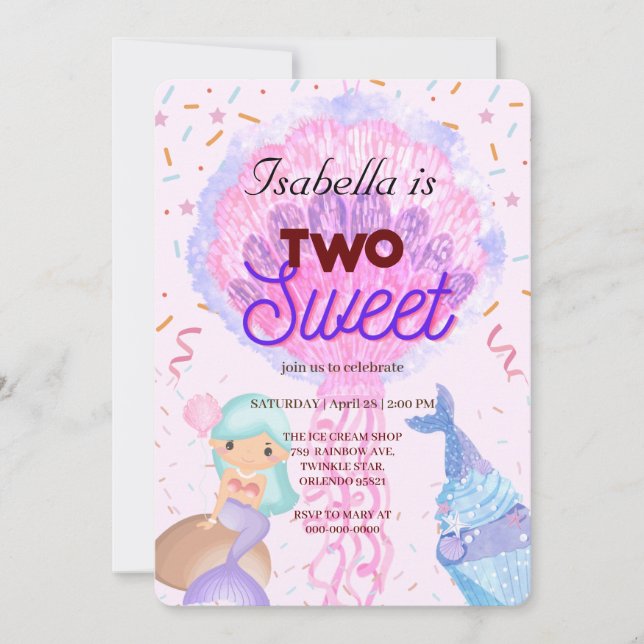 Two Sweet cup cake and mermaid 2nd Birthday Girl  Invitation (Front)