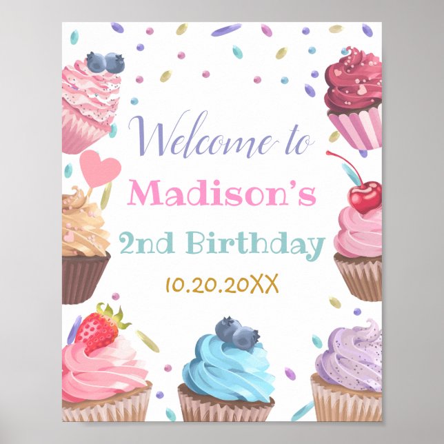Two Sweet Cupcake 2nd Birthday Candy Party Welcome Poster (Front)