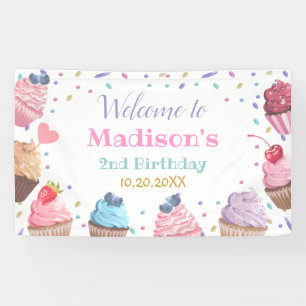 Two Sweet Cupcake 2nd Birthday Party Backdrop Banner