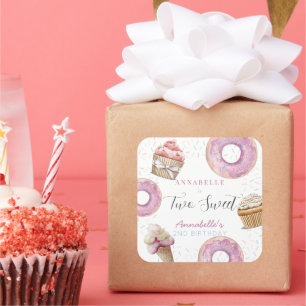 Two Sweet Cupcake & Donuts Girl 2nd Birthday Square Sticker