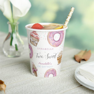 Two Sweet Cupcake & Doughnuts Girl 2nd Birthday Paper Cups