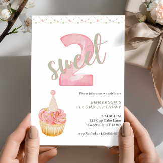 Two Sweet Cute Cupcake 2nd Birthday  Invitation