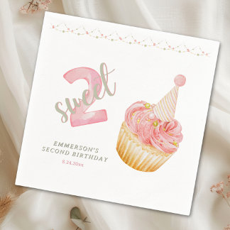 Two Sweet Cute Cupcake 2nd Birthday  Napkin