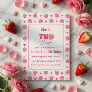 Two Sweet Cute Pink Strawberry Girl 2nd Birthday Invitation