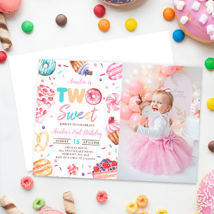 Two Sweet Donut Candy 2nd Birthday Photo Invitation