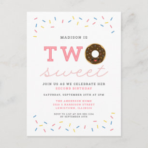 Two Sweet Doughnut and Sprinkles Pink 2nd Birthday Invitation Postcard