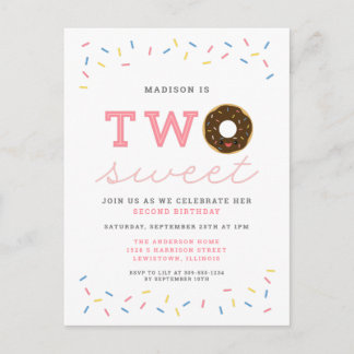 Two Sweet Doughnut and Sprinkles Pink 2nd Birthday Invitation Postcard
