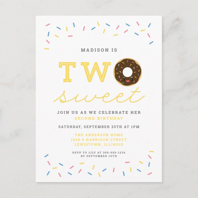 Two Sweet Doughnut and Sprinkles Yellow 2nd Birthd Invitation Postcard (Front)