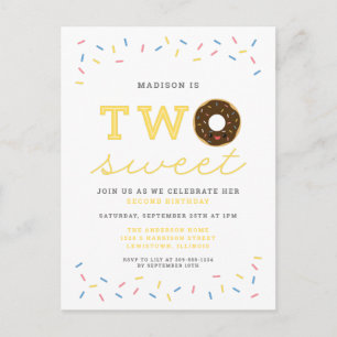 Two Sweet Doughnut and Sprinkles Yellow 2nd Invitation Postcard
