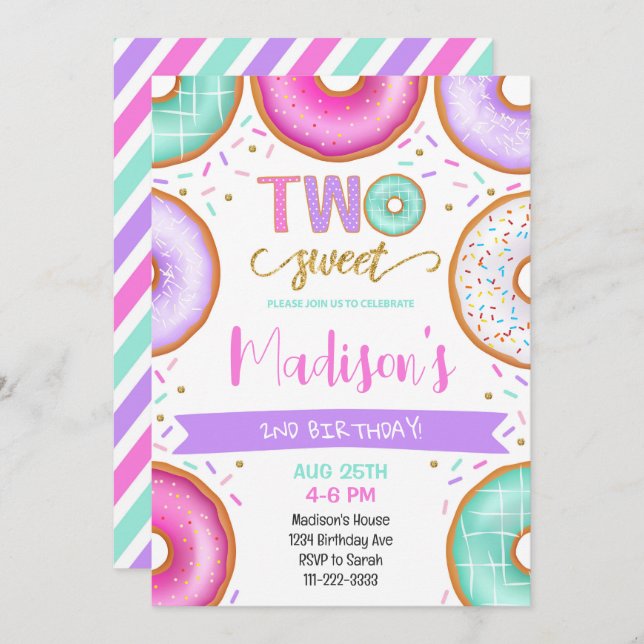 Two Sweet Doughnuts 2nd Birthday Invitation (Front/Back)
