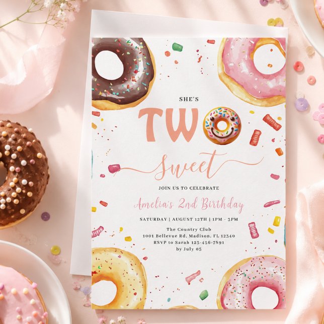 Two Sweet Doughnuts 2nd Birthday party Invitation (Two Sweet Donuts 2nd Birthday party Invitation)