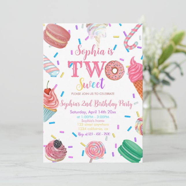 Two Sweet Girl Doughnut Pink Dessert 2nd Birthday  Invitation (Standing Front)