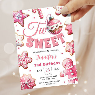 Two Sweet Girl Pink Cookie Christmas 2nd Birthday Invitation